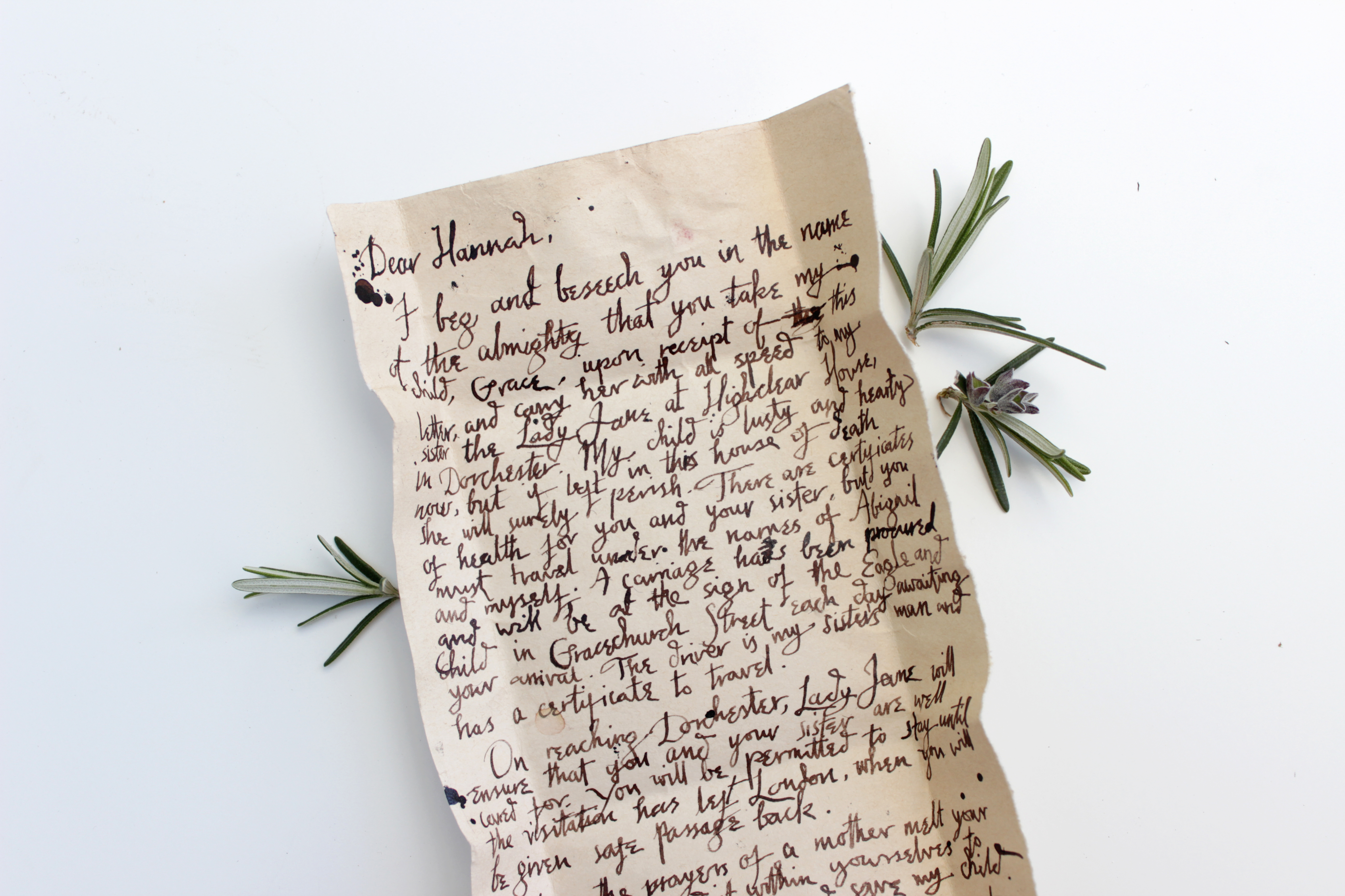 Graphic prop design, 17th century London, letter to the main character of 'At the Sign of the Sugared Plum'.