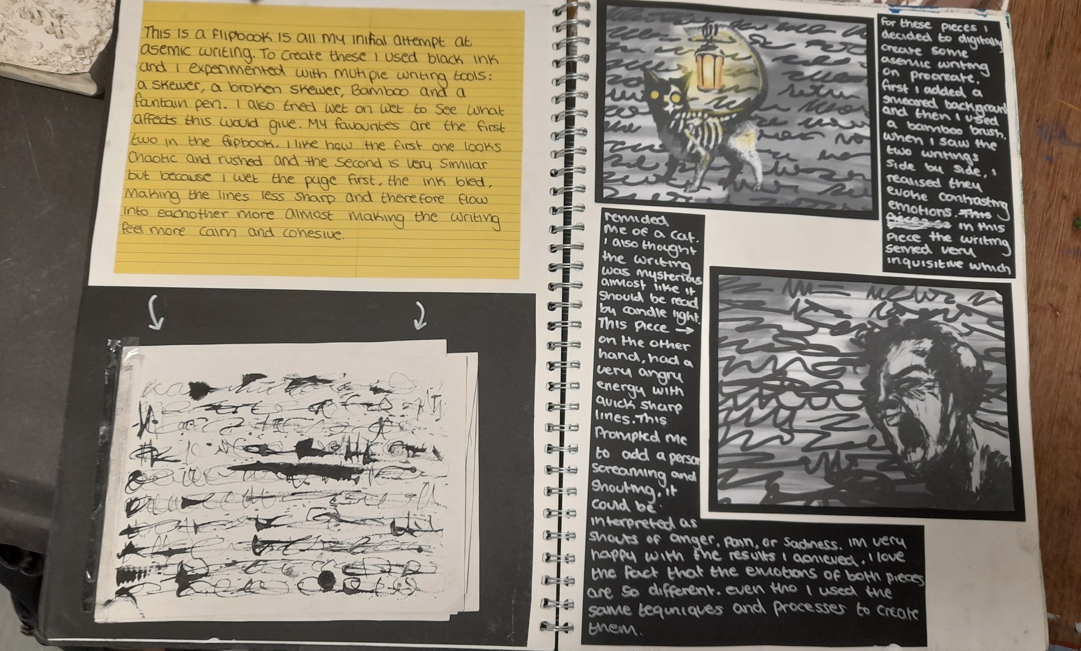 This page of sketchbook development is a workshop that I did for the ‘Altered’ project. There is a flip book of asemic writing using ink and various tools, and also two pieces with asemic writing as backgrounds to add to the mood of the pieces.