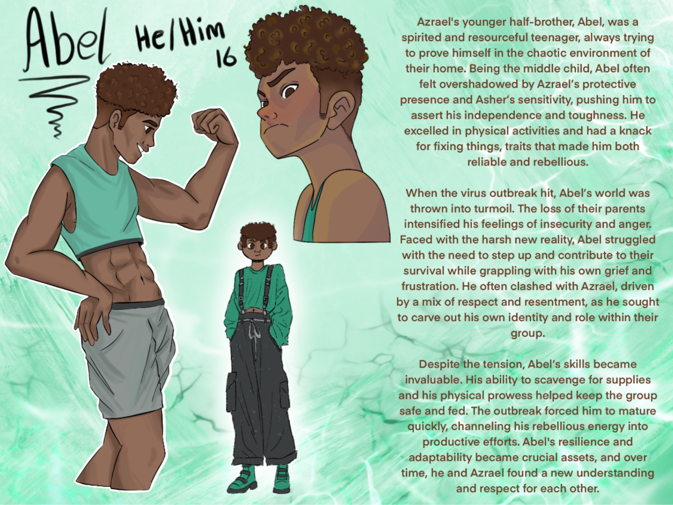 These 8 character design sheets were for a project titles 'People, Places and Time', this is Abel. These characters all live within the same dystopian future where they learned to survive together.