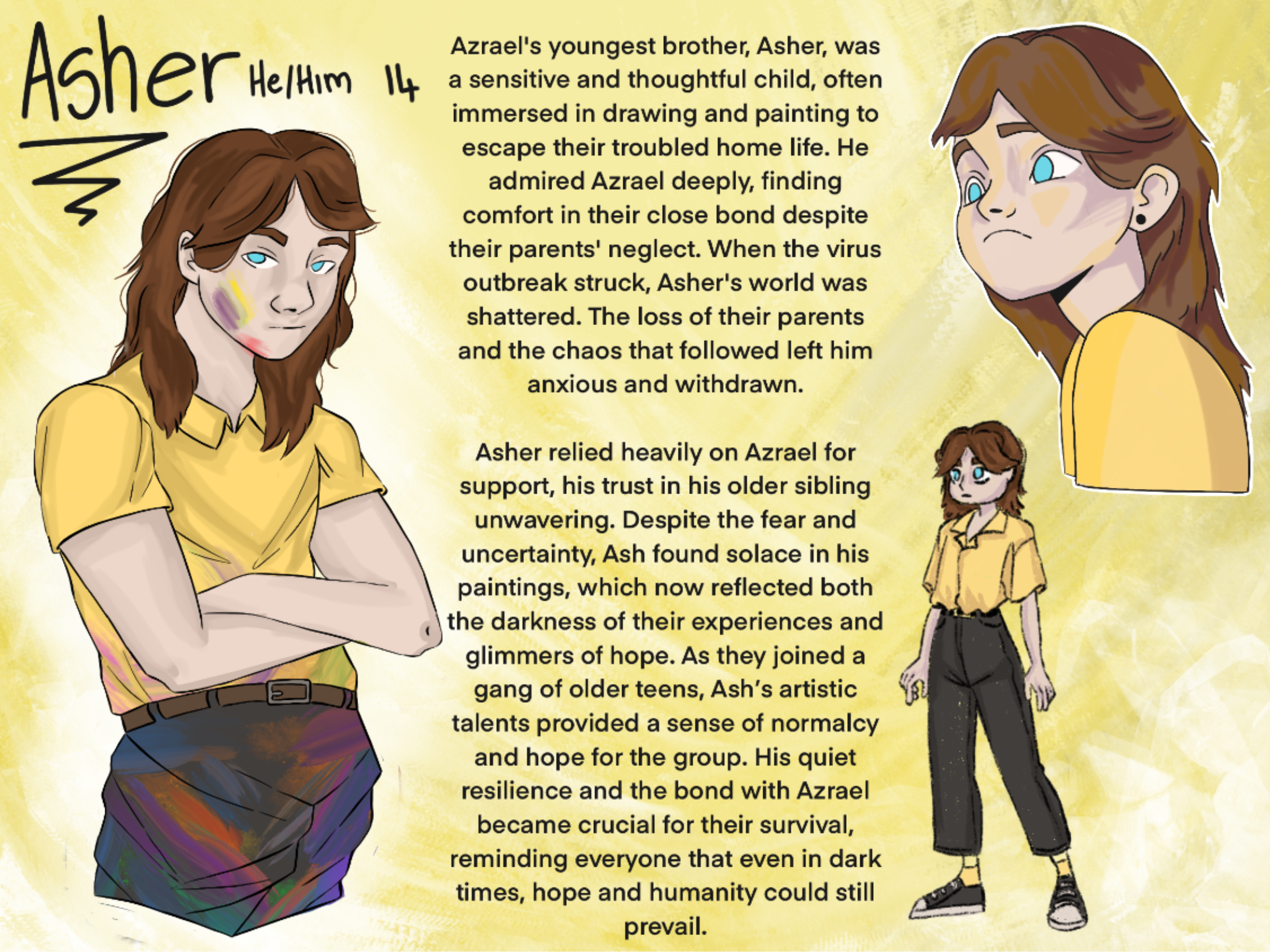 These 8 character design sheets were for a project titles 'People, Places and Time', this is Asher. These characters all live within the same dystopian future where they learned to survive together.