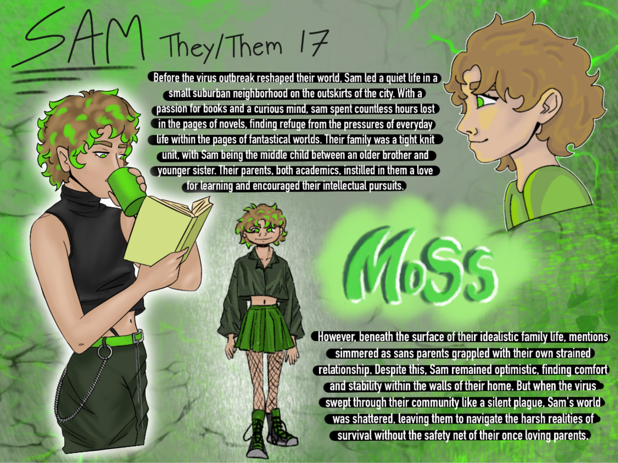 These 8 character design sheets were for a project titles 'People, Places and Time', this is Sam. These characters all live within the same dystopian future where they learned to survive together.