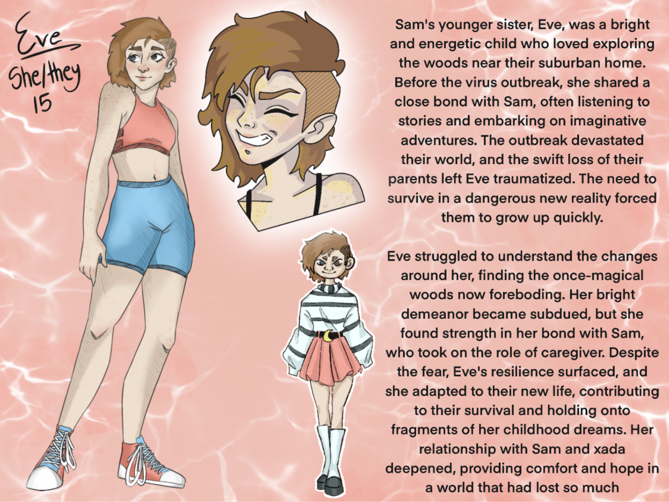These 8 character design sheets were for a project titles 'People, Places and Time', this is Eve. These characters all live within the same dystopian future where they learned to survive together.