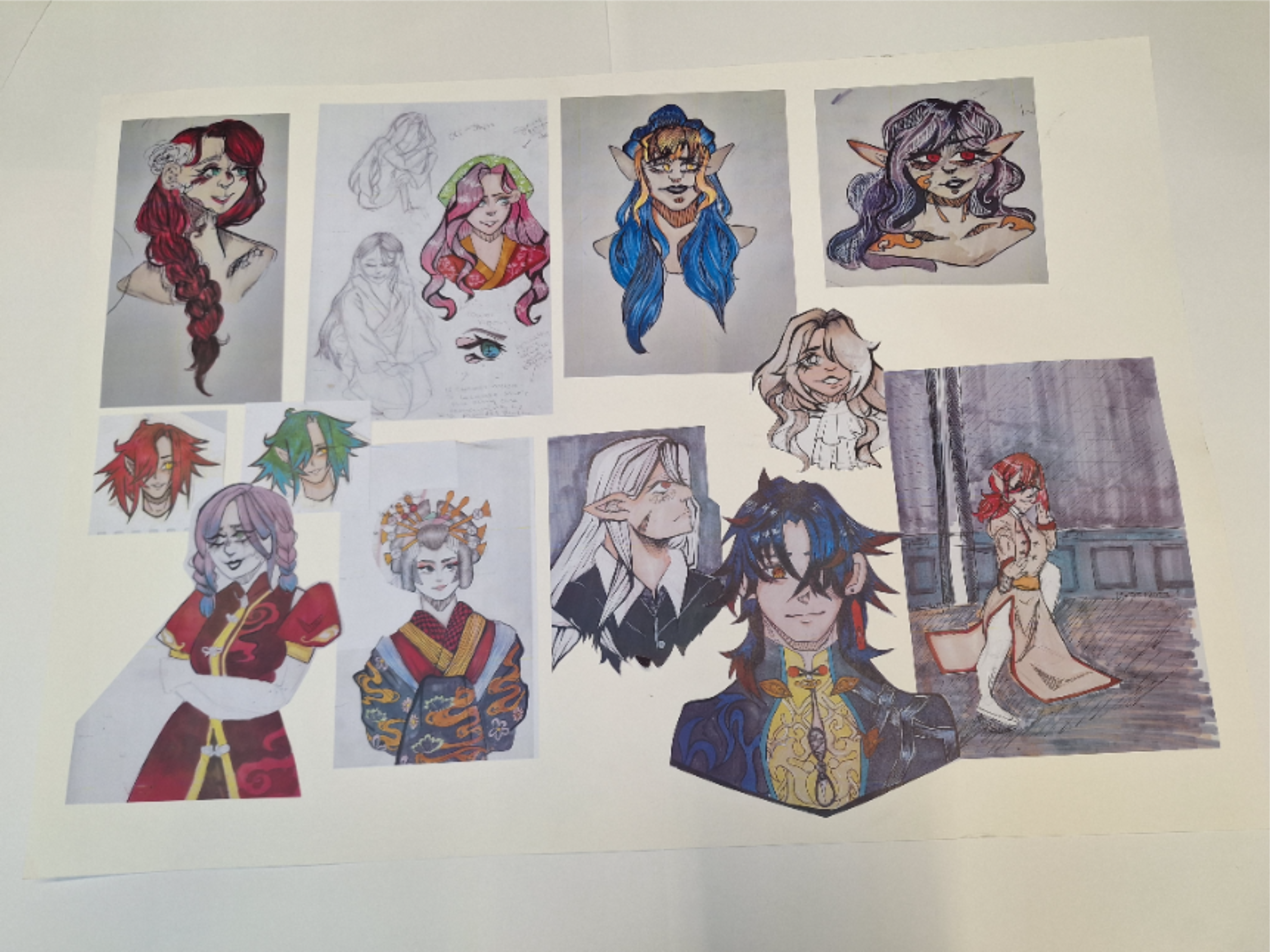 A lineup of multiple illustrations I have coloured with alcohol markers. This was a portfolio sheet I created when applying for university